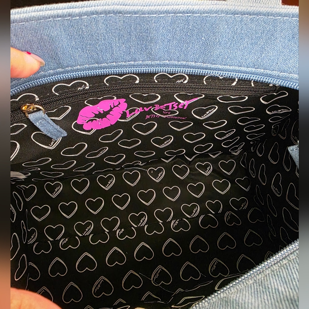 Betsey Johnson Blue Denim Tote with Red Cherry Embroidery - Picture 4 of 5